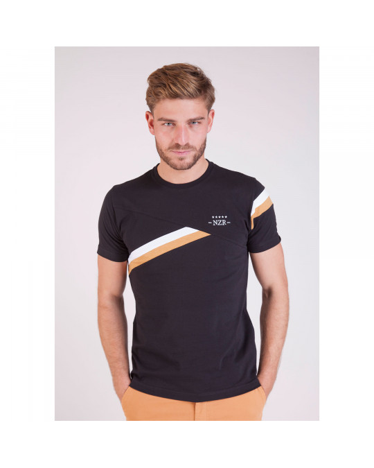 T-shirt uni noir à bandes bicolores