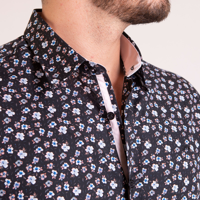 Chemise manches longues fleurie noir