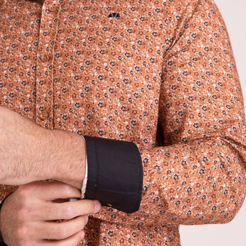 Chemise manches longues fleurie camel