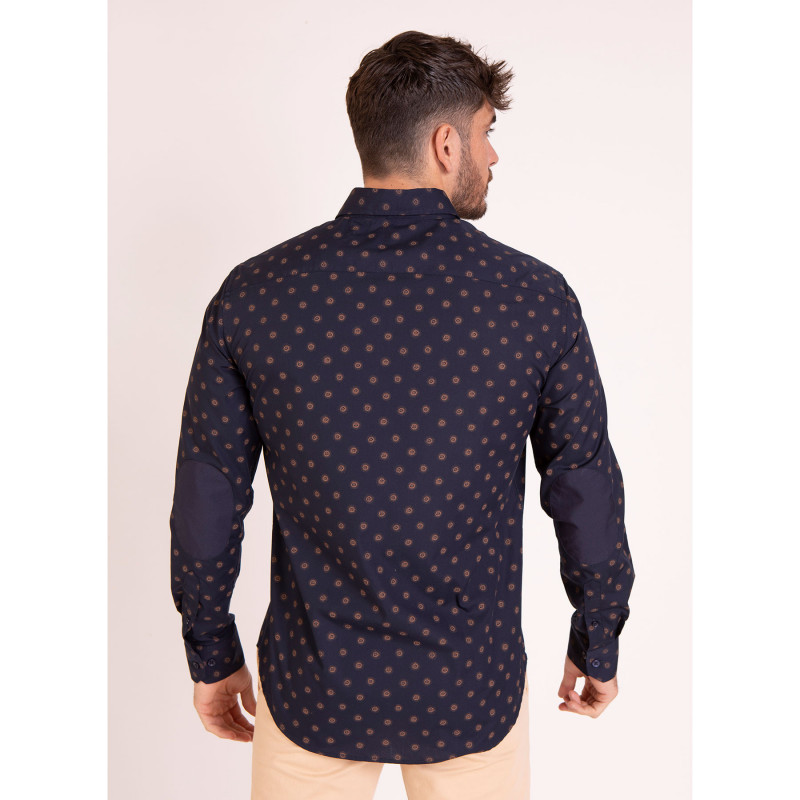Chemise manches longues marine avec imprimé fleurs camel