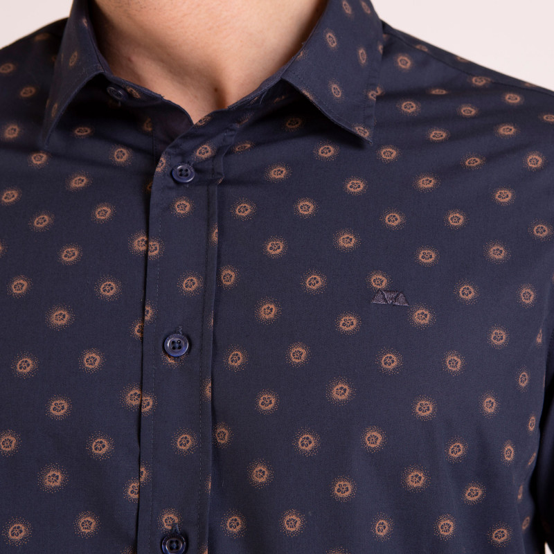 Chemise manches longues marine avec imprimé fleurs camel