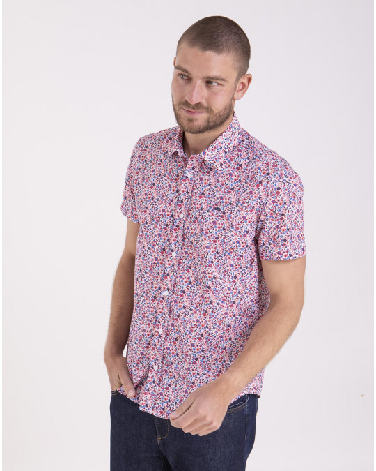 Chemise manches courtes en popeline fleuri et logo brodé