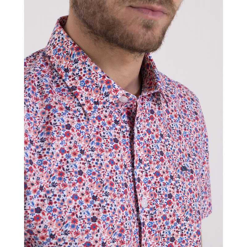 Chemise manches courtes en popeline fleuri et logo brodé