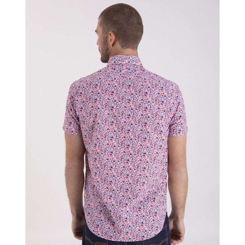 Chemise manches courtes en popeline fleuri et logo brodé