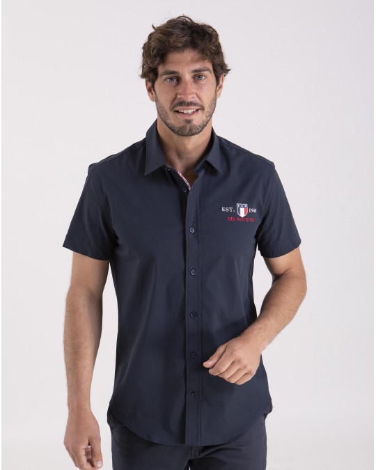 Chemise unie en popeline bleu marine