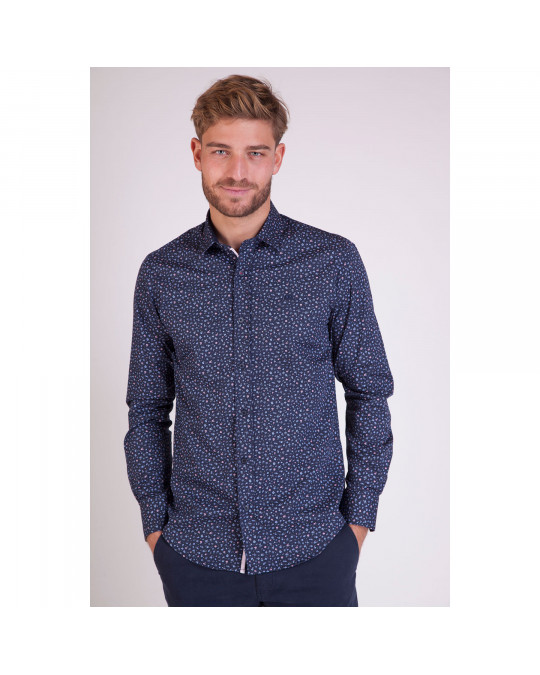Chemise manches longues bleu imprimé fleurs