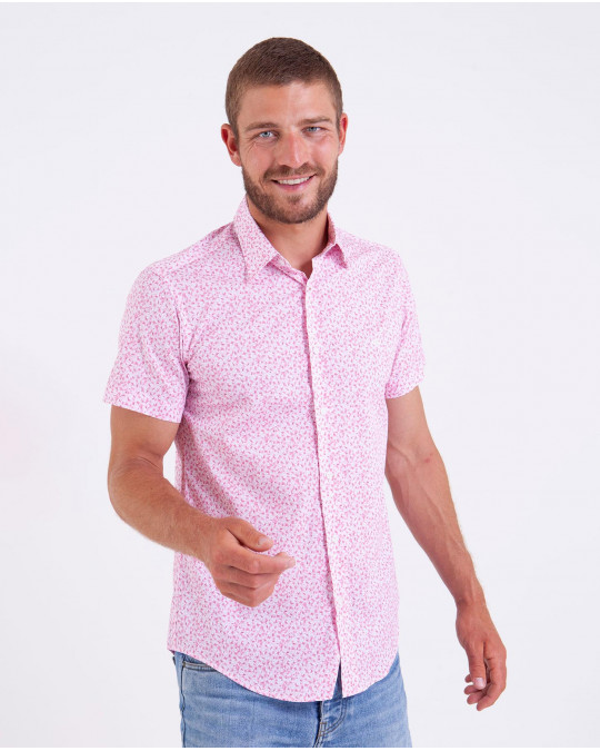 Chemise manches courtes en popeline imprimé rose