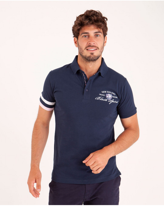 Polo uni détails col et manche droite tricolore
