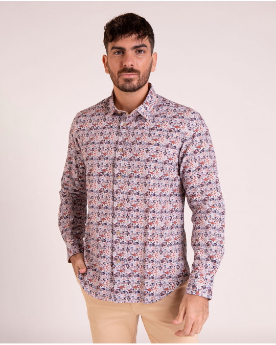 Chemise manches longues fleurie beige