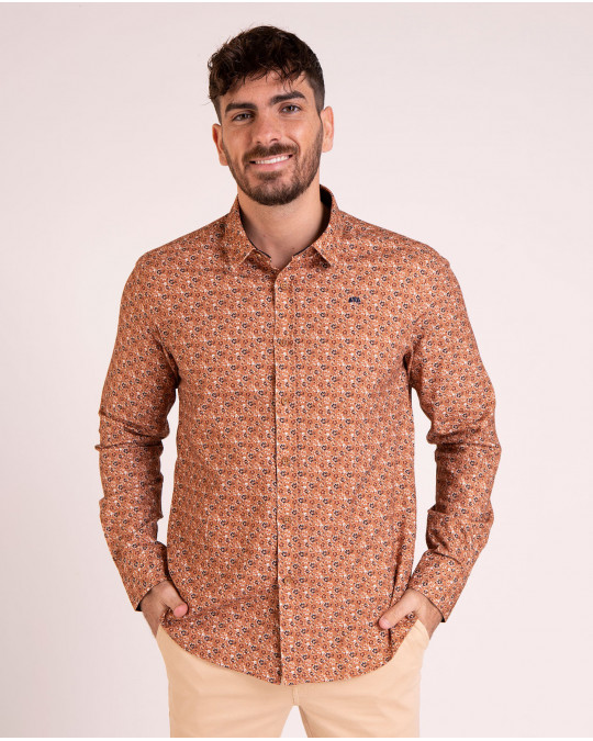 Chemise manches longues fleurie camel