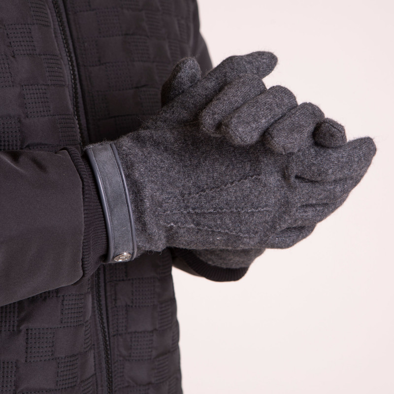 Gants en laine gris avec bord stylisé en cuir