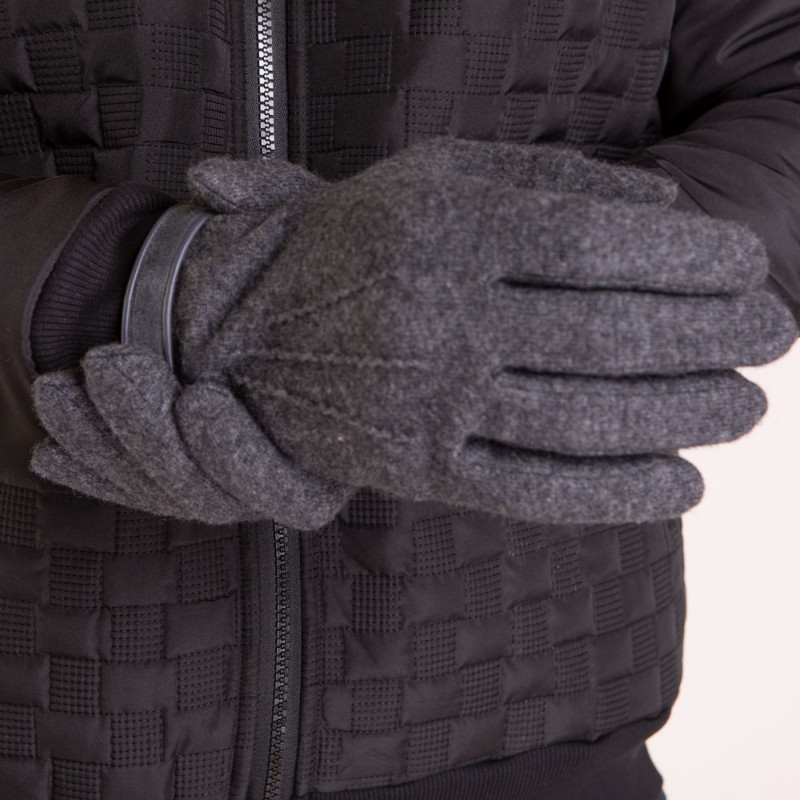 Gants en laine gris avec bord stylisé en cuir