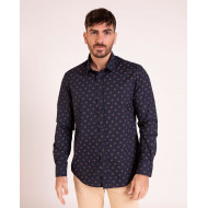 Chemise manches longues marine avec imprimé fleurs camel