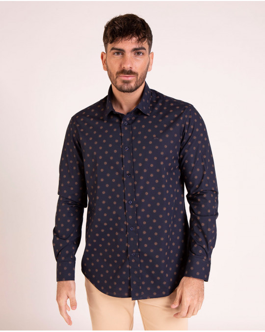 Chemise manches longues marine avec imprimé fleurs camel