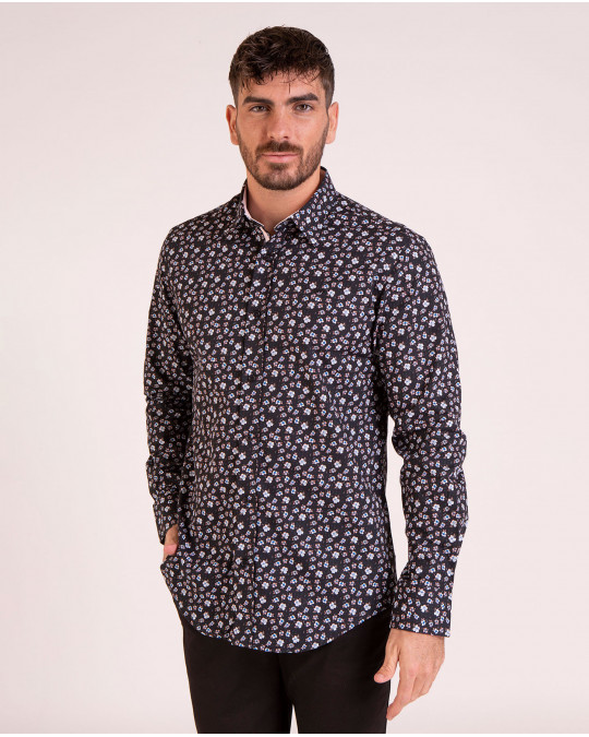 Chemise manches longues fleurie noir