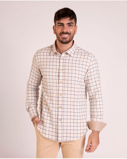 Chemise manches longues à carreaux beige