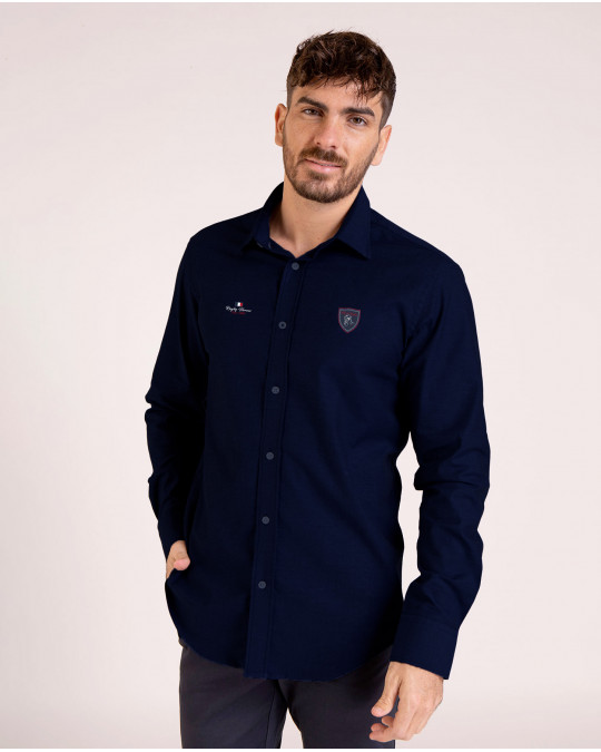 Chemise unie bleu marine avec broderies poitrine