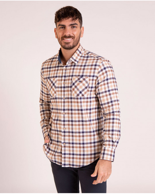 Chemise manches longues à carreaux beige