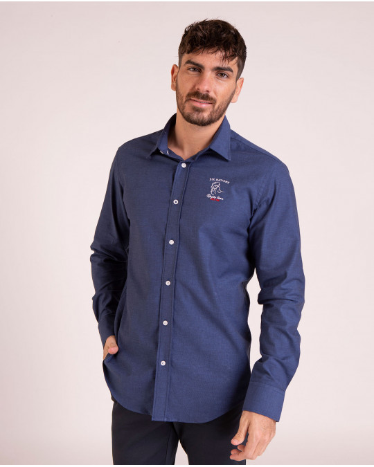 Chemise unie bleue avec broderie coq