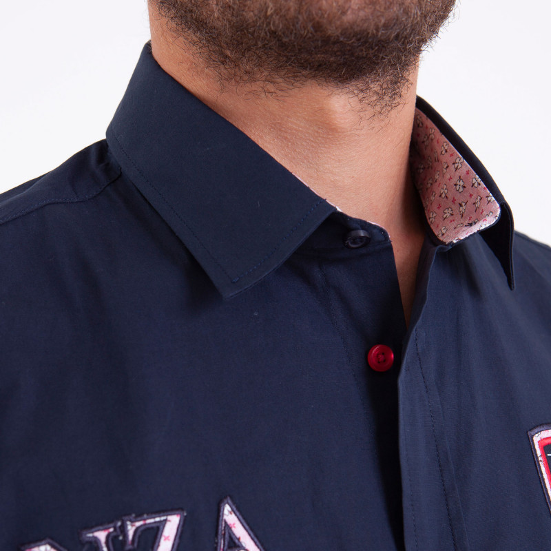 Chemise manches courtes à broderies bleu marine