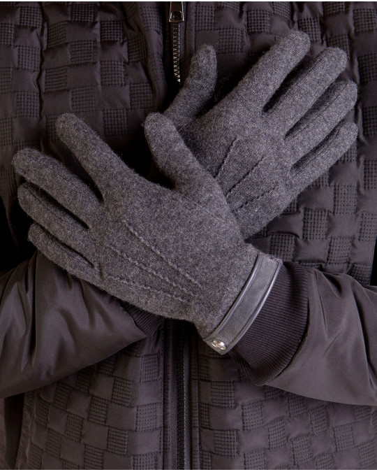 Gants en laine gris avec bord stylisé en cuir