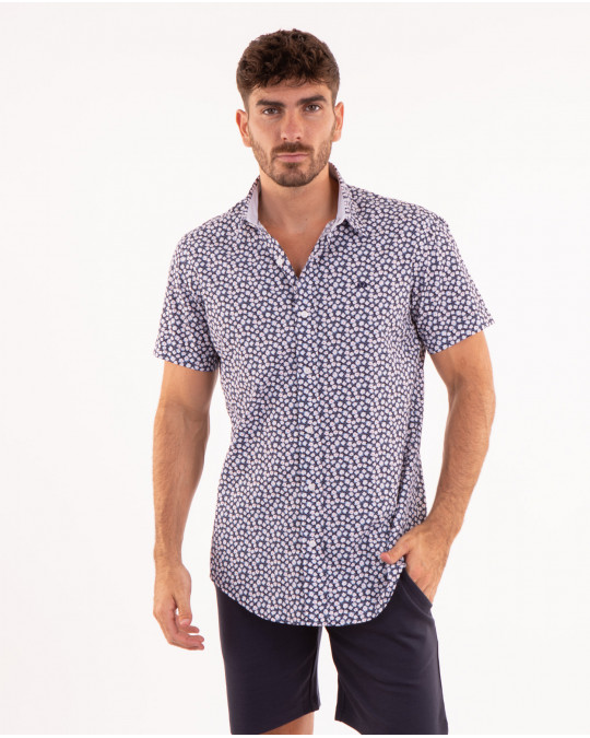 Chemise manches courtes à petites fleurs bleu