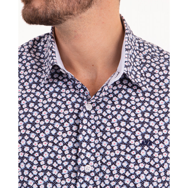 Chemise manches courtes à petites fleurs bleu