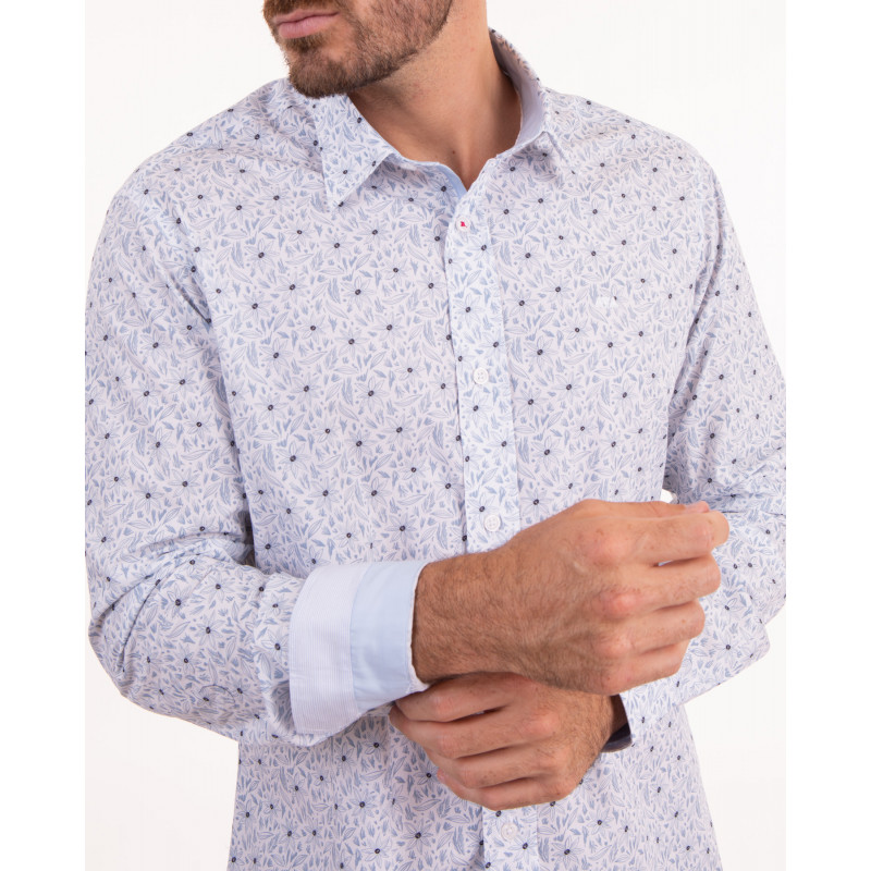 Chemise manches longues à motifs fleuri bleu ciel