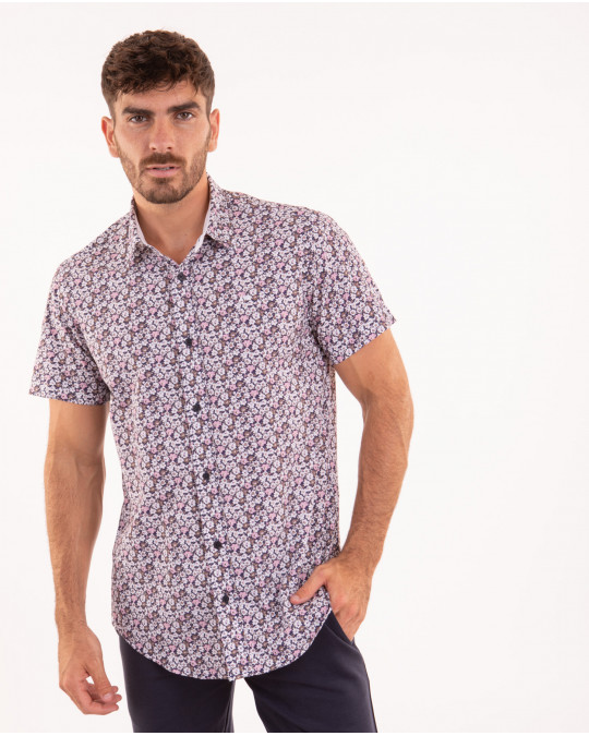 Chemise manches courtes à motifs fleuri rose