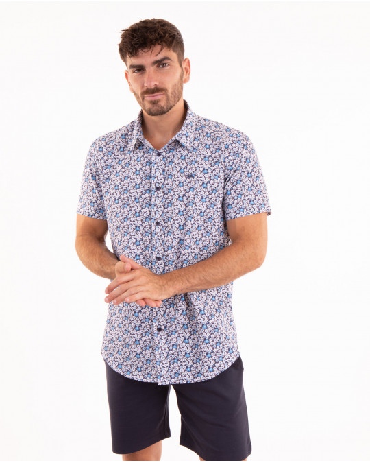 Chemise manches courtes à motifs fleuri bleu