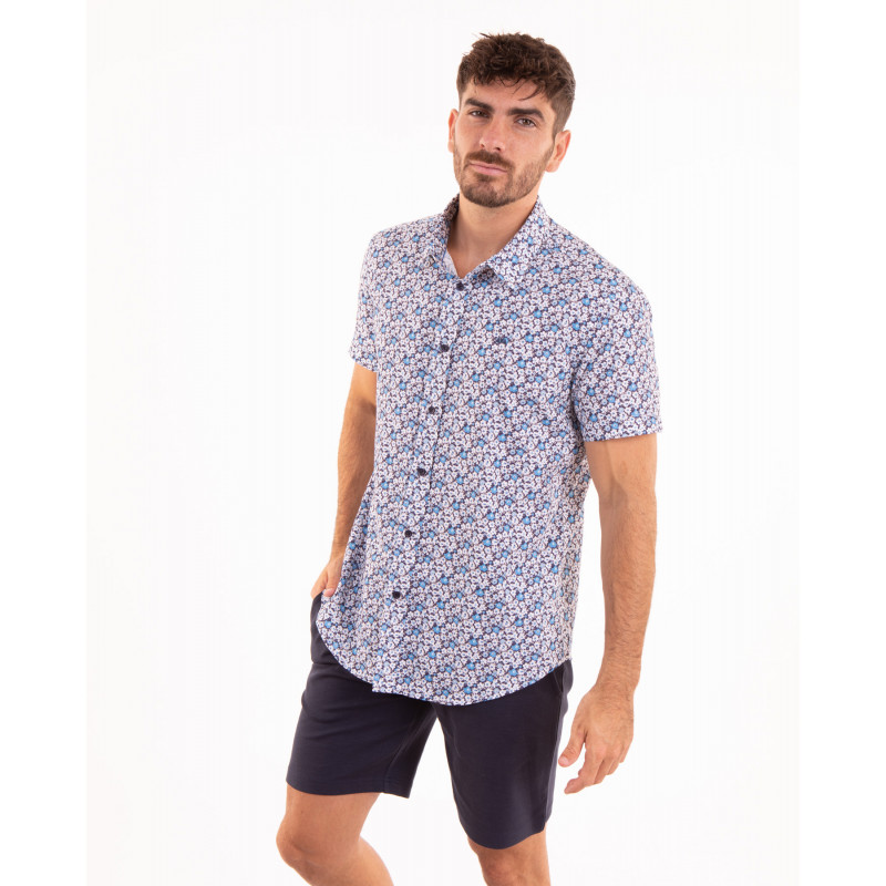 Chemise manches courtes à motifs fleuri bleu