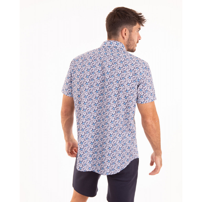 Chemise manches courtes à motifs fleuri bleu