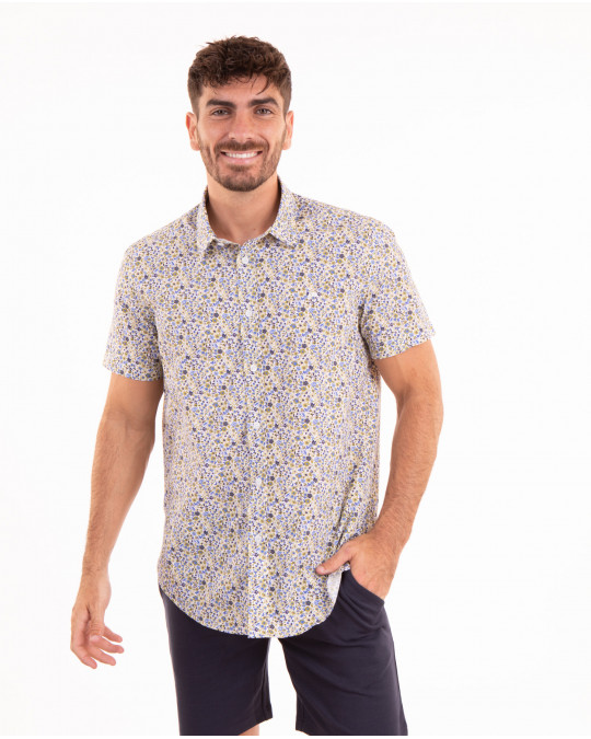 Chemise manches courtes à fleurs vert et bleu