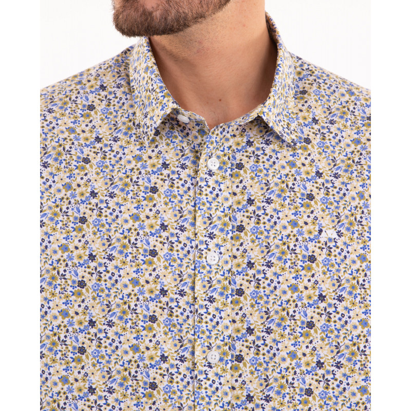 Chemise manches courtes à fleurs vert et bleu