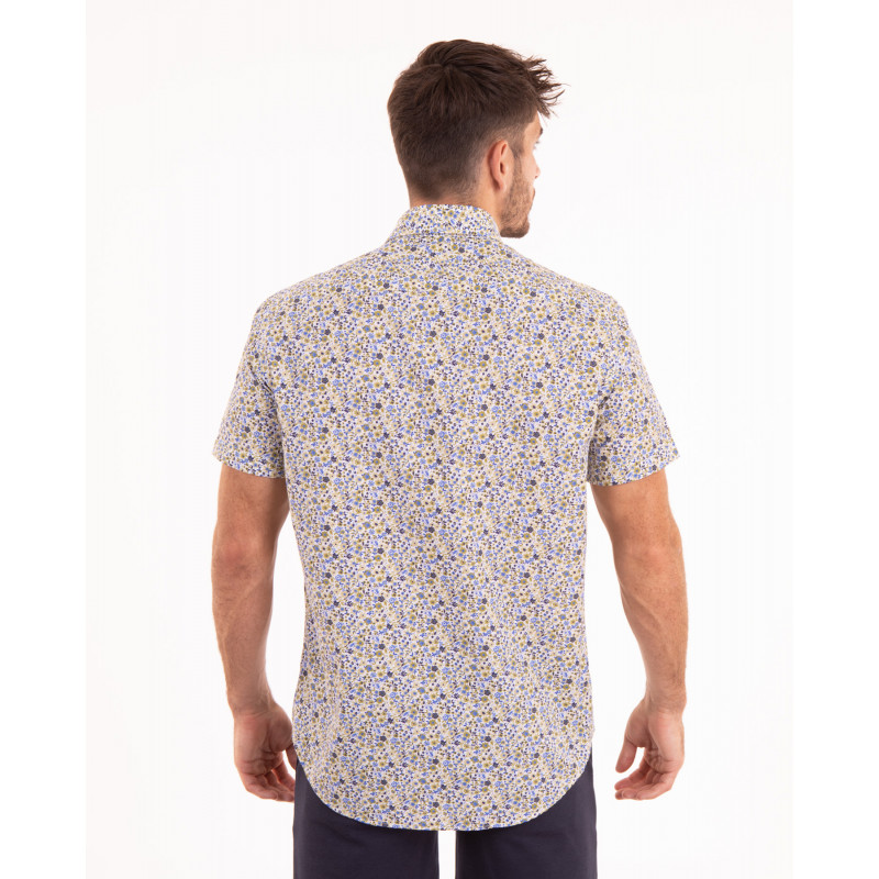Chemise manches courtes à fleurs vert et bleu