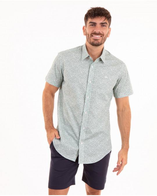 Chemise manches courtes verte à fleurs