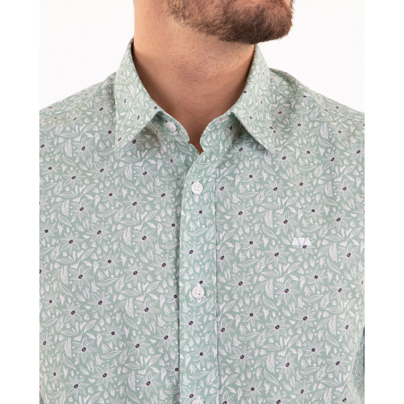 Chemise manches courtes verte à fleurs