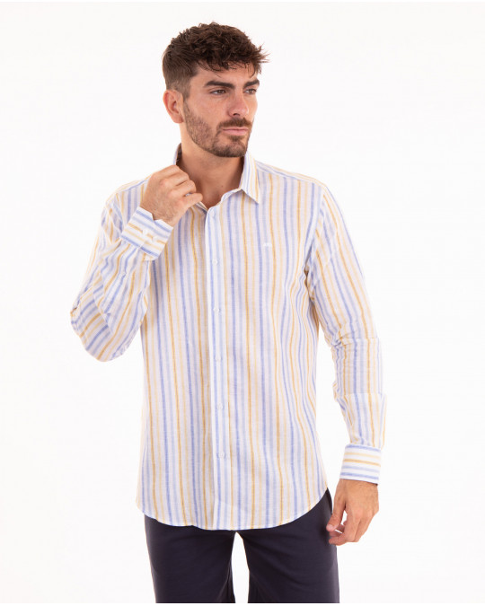 Chemise manches longues en coton lin à rayures