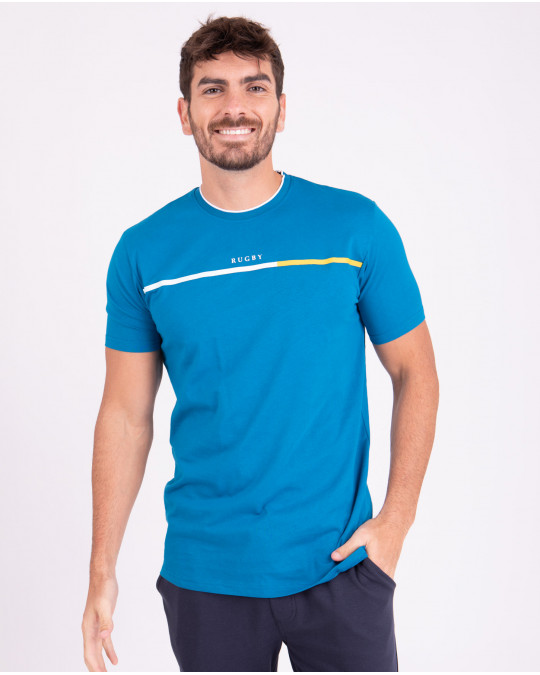 T-shirt manches courtes uni bleu avec bande poitrine