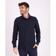 Chemise manches longues en coton lin bleu à détails fleuri
