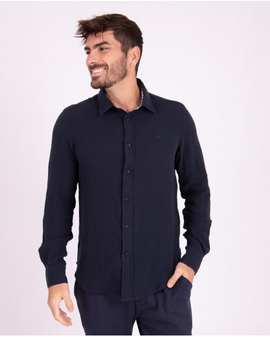 Chemise manches longues en coton lin bleu à détails fleuri