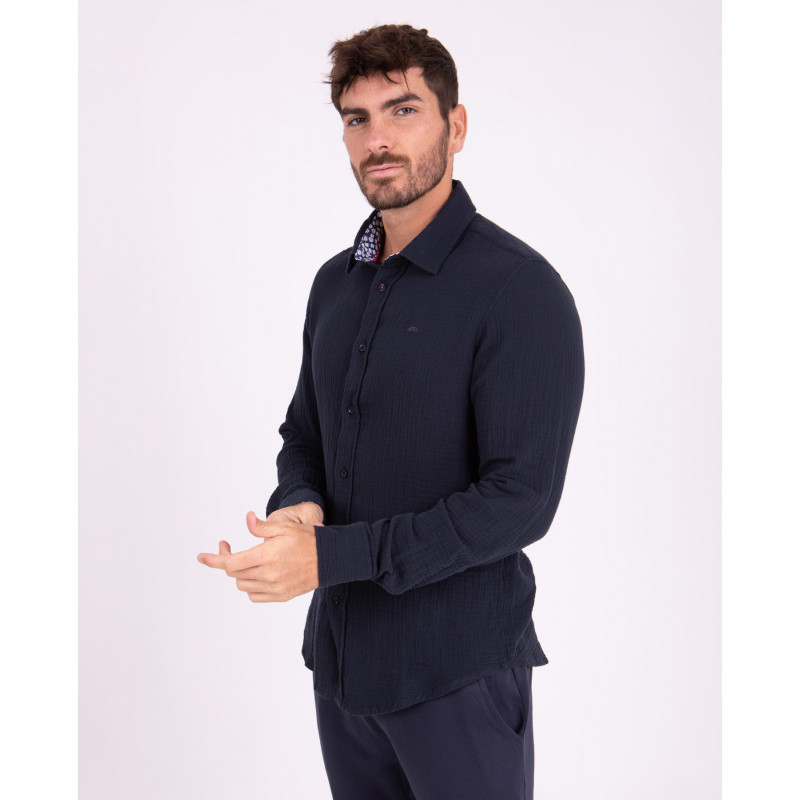 Chemise manches longues en coton lin bleu à détails fleuri