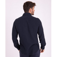 Chemise manches longues en coton lin bleu à détails fleuri