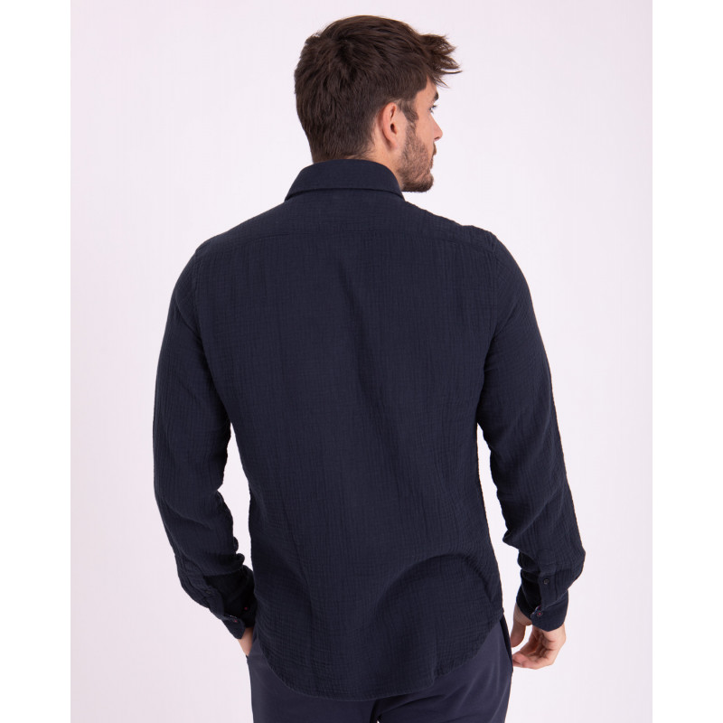 Chemise manches longues en coton lin bleu à détails fleuri