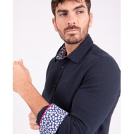 Chemise manches longues en coton lin bleu à détails fleuri