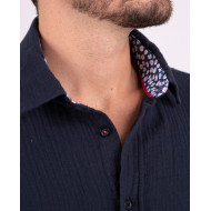 Chemise manches longues en coton lin bleu à détails fleuri