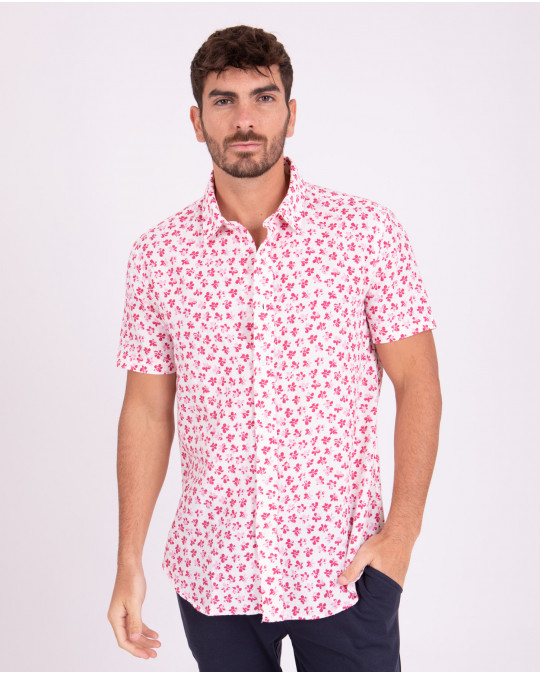 Chemise manches courtes fleuri en coton lin