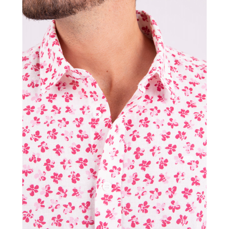 Chemise manches courtes fleuri en coton lin