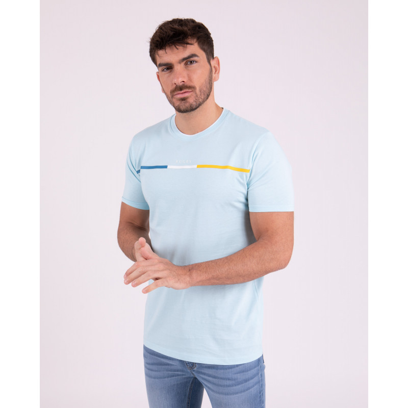 T-shirt manches courtes uni bleu avec bande poitrine