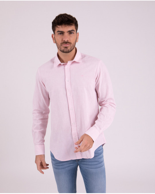 Chemise manches longues unie rose en coton lin